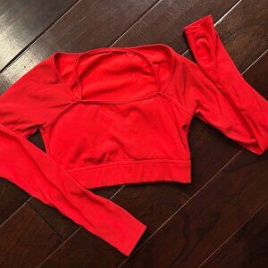 Halara Red Ribbed Halter Strap Thumb Hole Cropped Yoga Sports Top Size Small